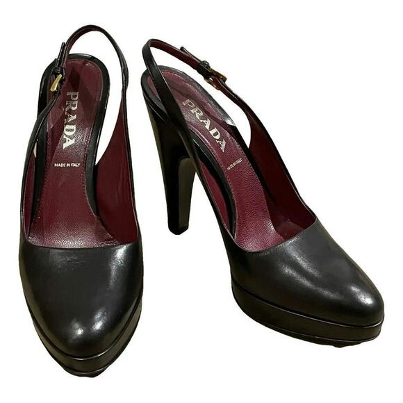 Prada Mary Jane Heel - Black Leather Slingback - Size 36 - Picture 1 of 8